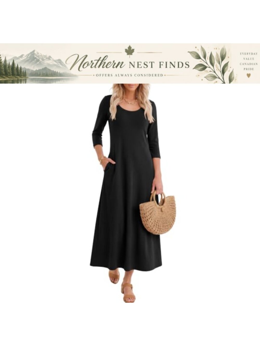 Womens 3/4 Sleeve Scoop Neck A-Line Maxi Dress with Pockets